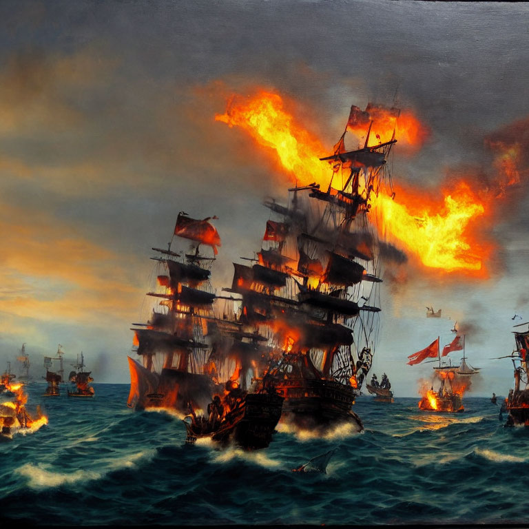 Dramatic naval battle scene with ships in combat and central ship ablaze