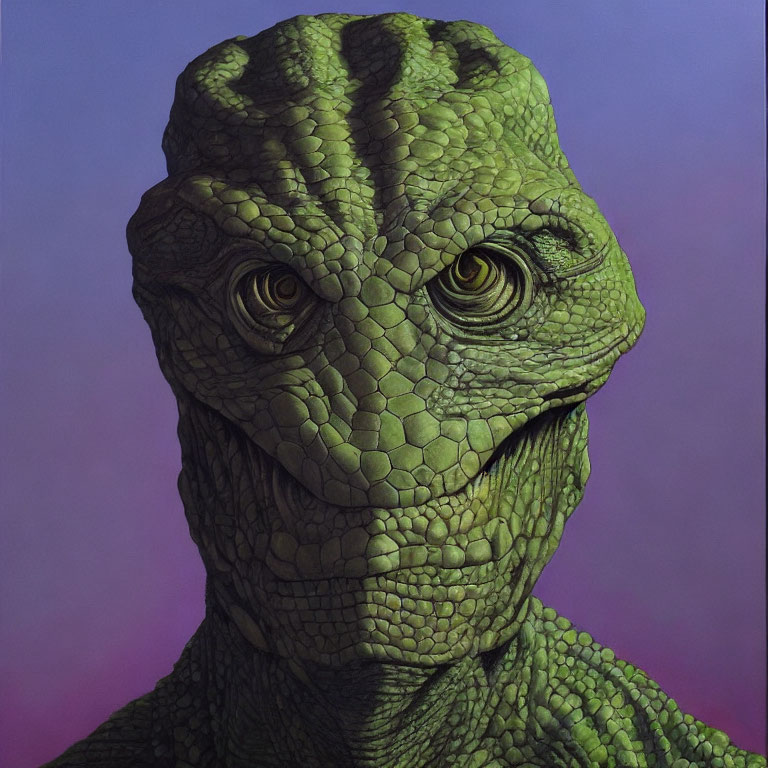 Detailed reptilian alien with green textured skin and yellow eyes on violet backdrop