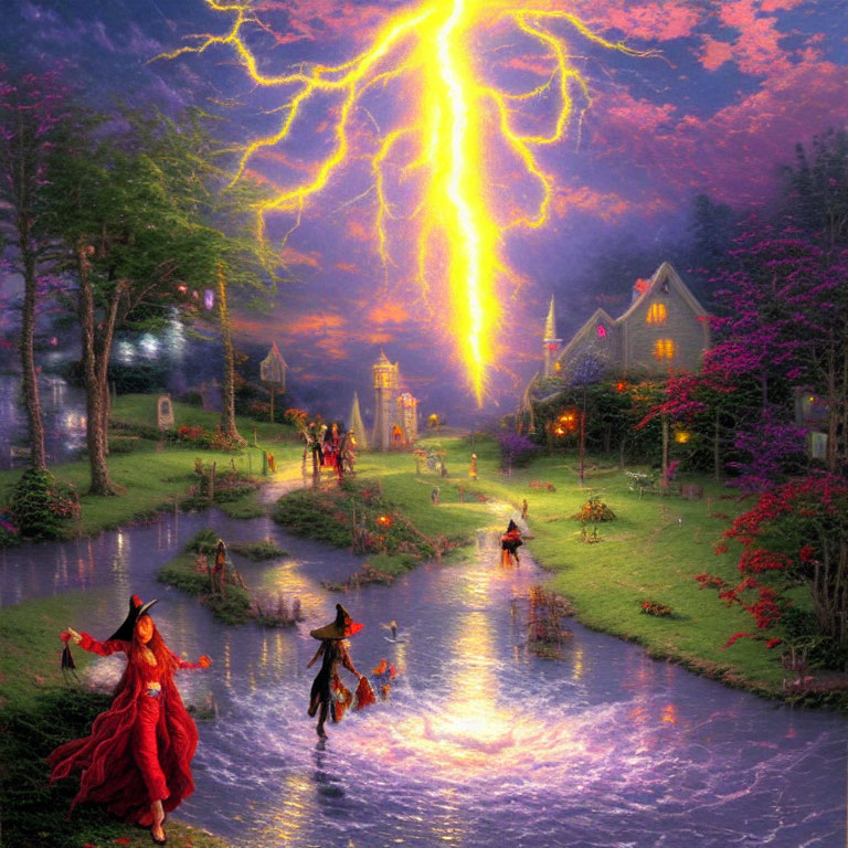 Fantasy scene: witches flying, lightning, river & houses