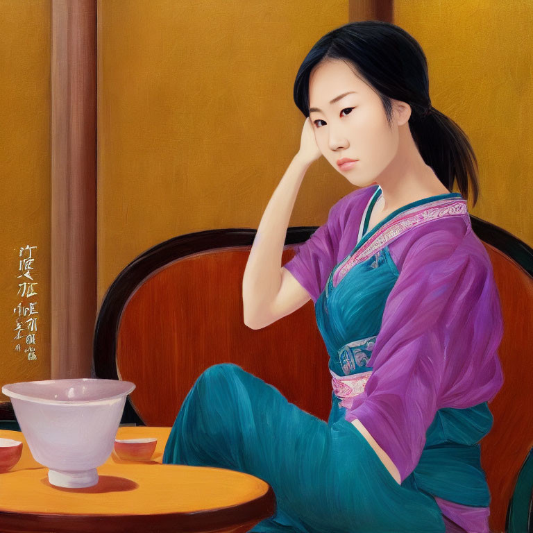 Pensive woman in traditional attire at table with Asian script.