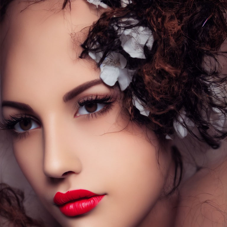 Portrait of person with voluminous curly hair and floral adornments, red lipstick, and bold eye makeup