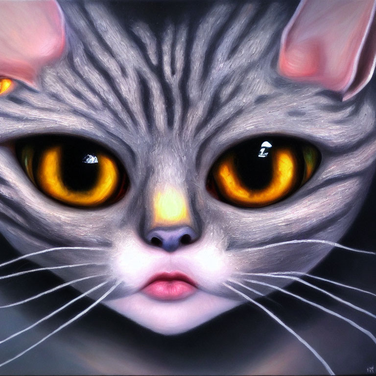 Close-Up Painting of Cat's Face with Yellow Eyes and Grey Striped Fur