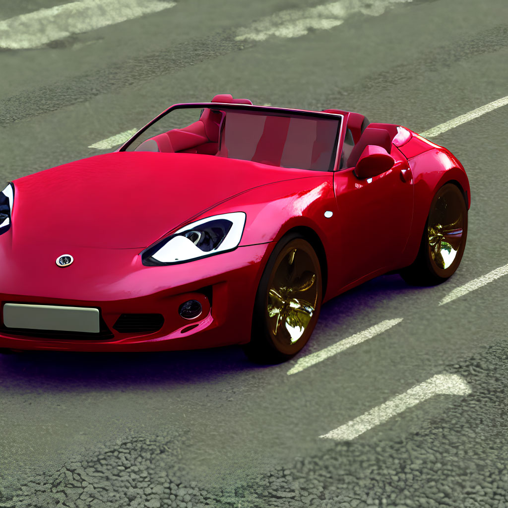 Red Convertible Sports Car with Golden Rims on Grey Asphalt Road