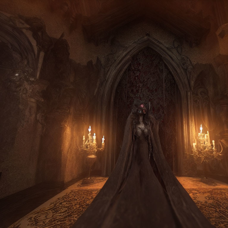 Gothic room with character in dark ornate gown