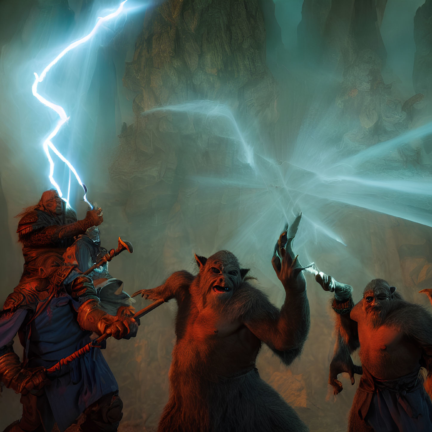 Fantasy creatures in cave with magical light and lightning strike