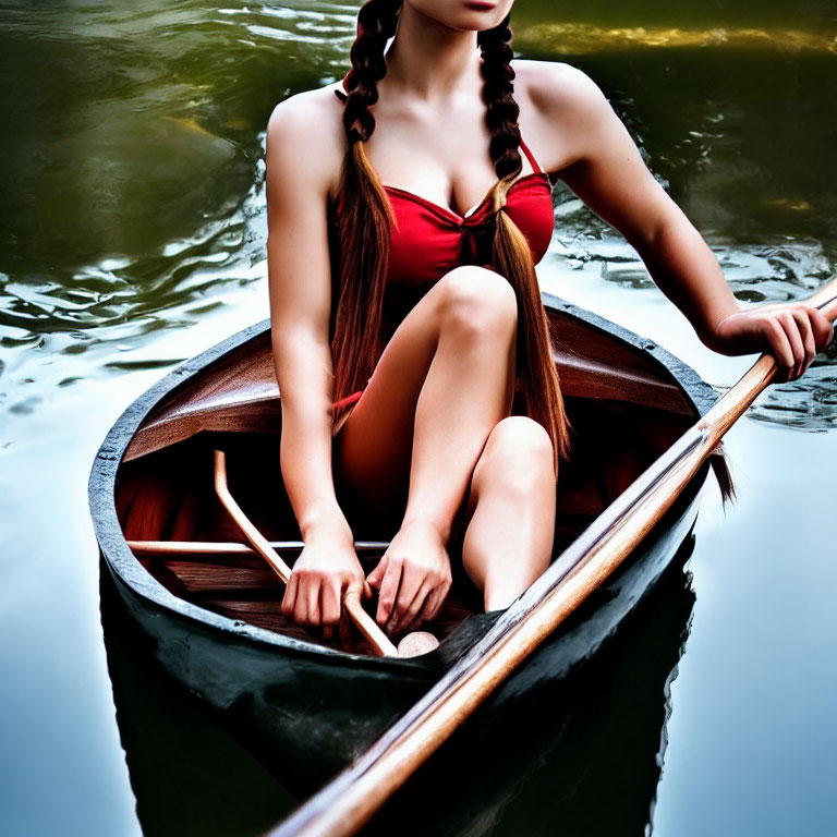 Person in red swimsuit paddling canoe on water