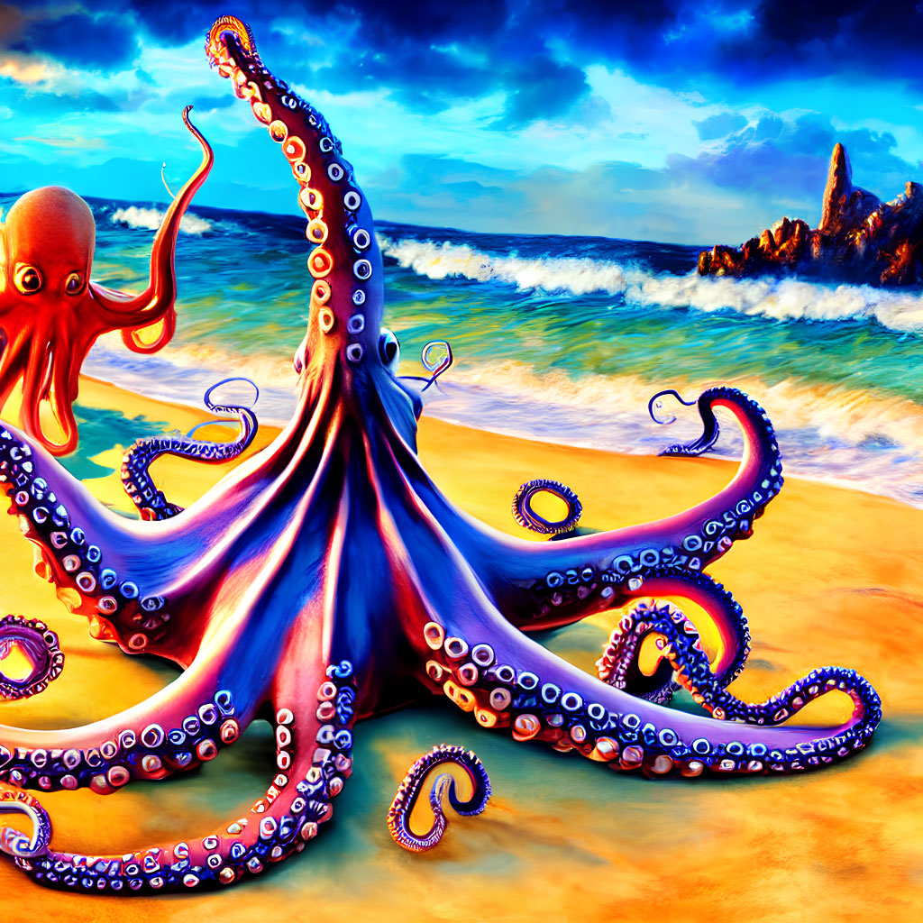 Colorful illustration: Large red octopus on beach at sunset