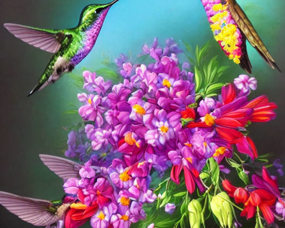 Vibrant hummingbirds near purple and pink flowers on blue-green background