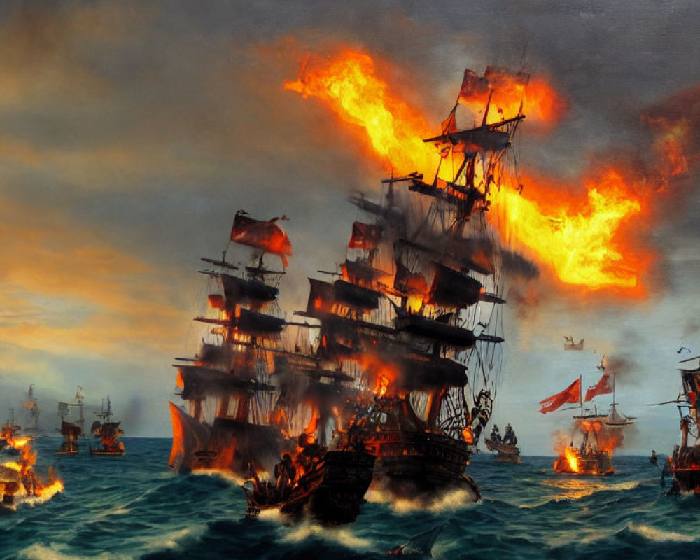 Dramatic naval battle scene with ships in combat and central ship ablaze