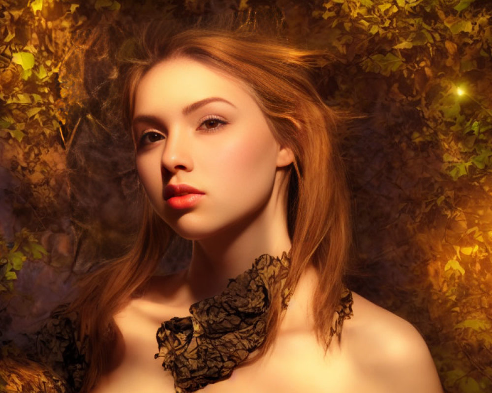 Fair-skinned woman with light brown hair surrounded by golden autumn leaves and wearing a leafy collar.