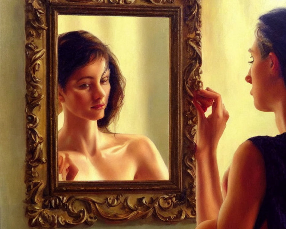 Woman in Purple Dress Applying Lipstick in Golden Frame Mirror