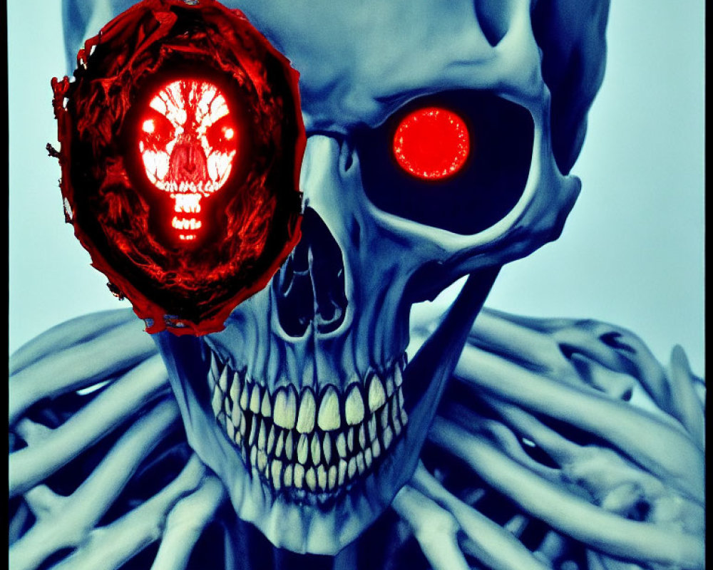 Sinister digital artwork: Skull with glowing red eye and fiery explosion eye on dark background