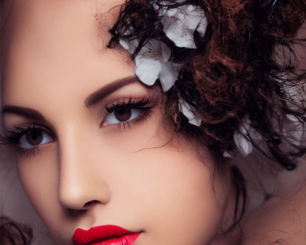 Portrait of person with voluminous curly hair and floral adornments, red lipstick, and bold eye makeup