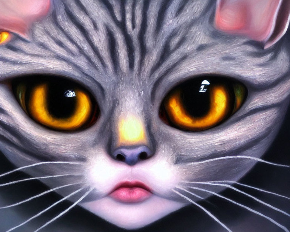 Close-Up Painting of Cat's Face with Yellow Eyes and Grey Striped Fur