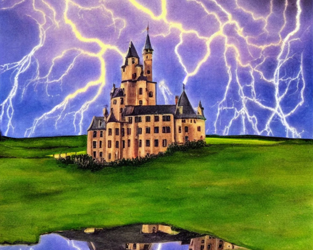 Castle with multiple spires on green hill, reflection in water, dramatic sky with lightning strikes