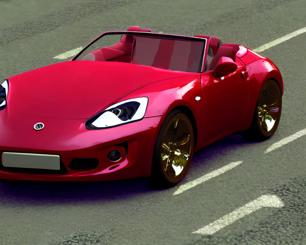 Red Convertible Sports Car with Golden Rims on Grey Asphalt Road