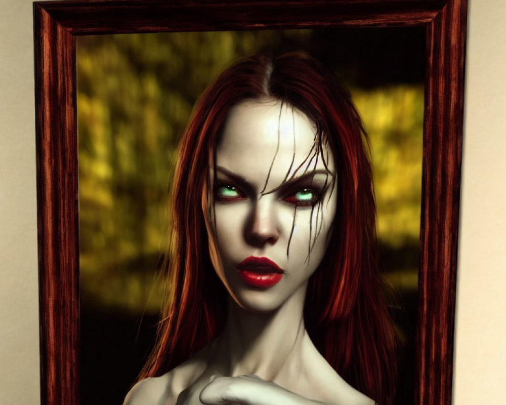 Digital artwork: Woman with green eyes and red hair in dark frame against golden backdrop.