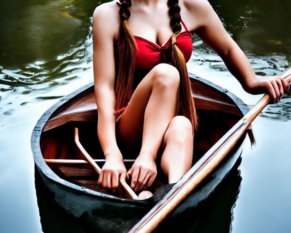 Person in red swimsuit paddling canoe on water