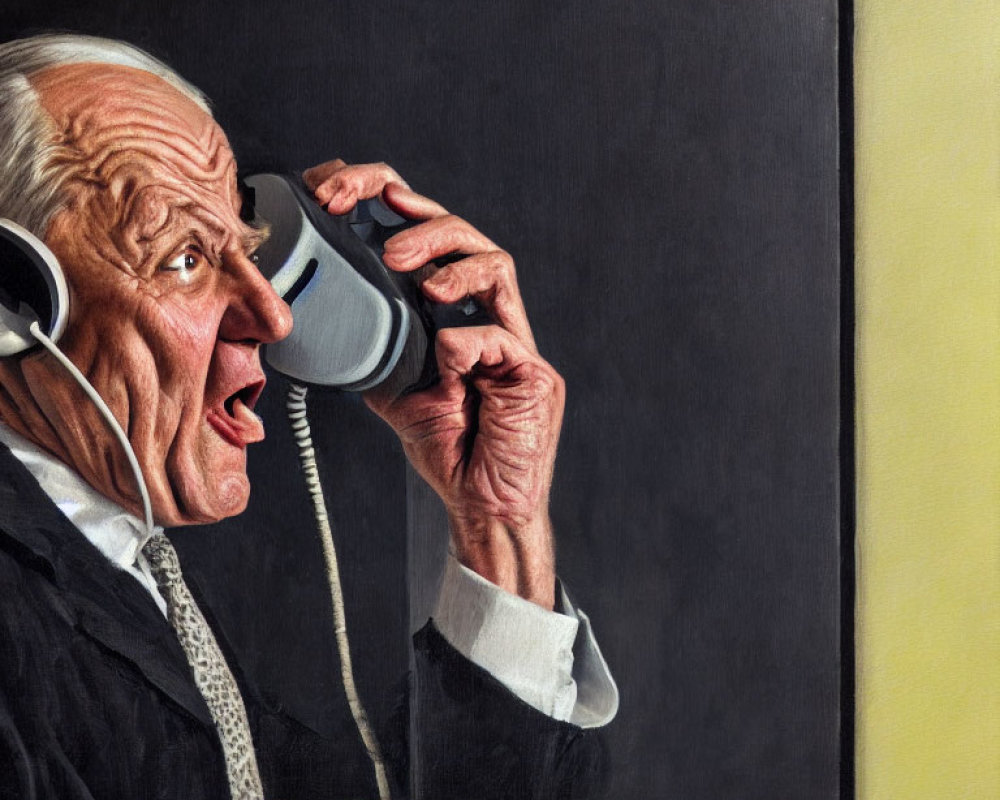 Elderly man with surprised expression holding telephone