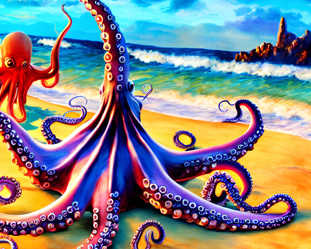 Colorful illustration: Large red octopus on beach at sunset