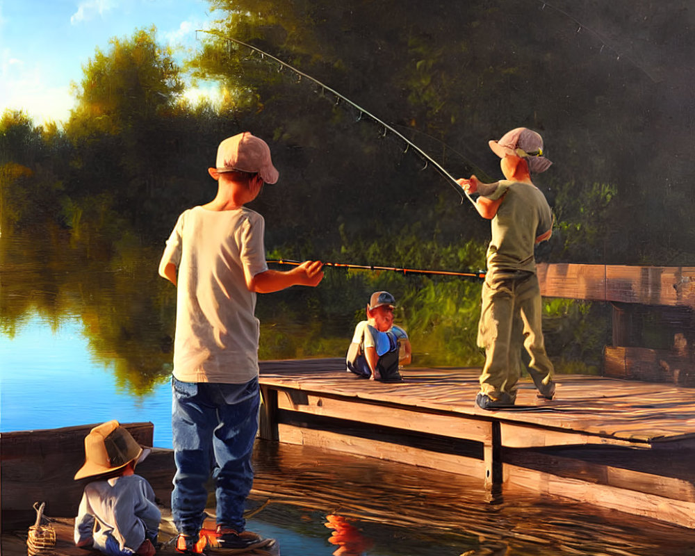 Three children fishing on a wooden pier at a serene lake during golden hour.