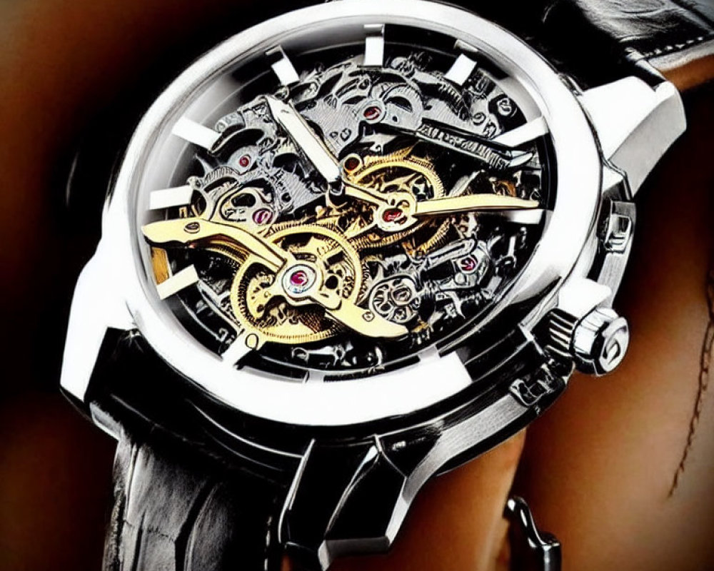 Luxurious Skeleton Wristwatch with Gold Accents and Exposed Gears