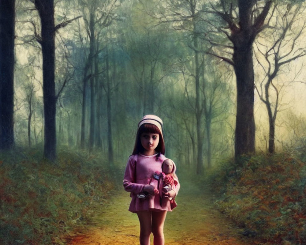 Young girl in pink holding a doll on foggy forest path