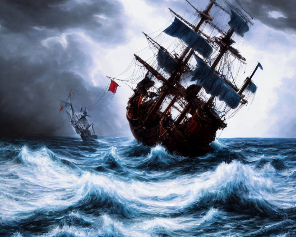 Tall ships with billowing sails on stormy ocean waves