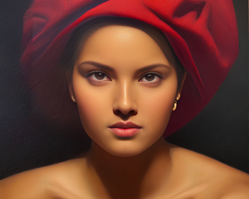 Portrait of Woman with Striking Red Hat and Dark Hair