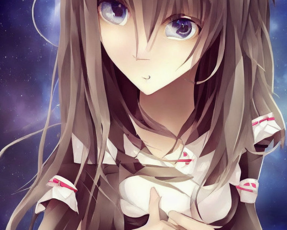 Brown-Haired Anime Girl Blue Eyes Starry Background White Red Outfit