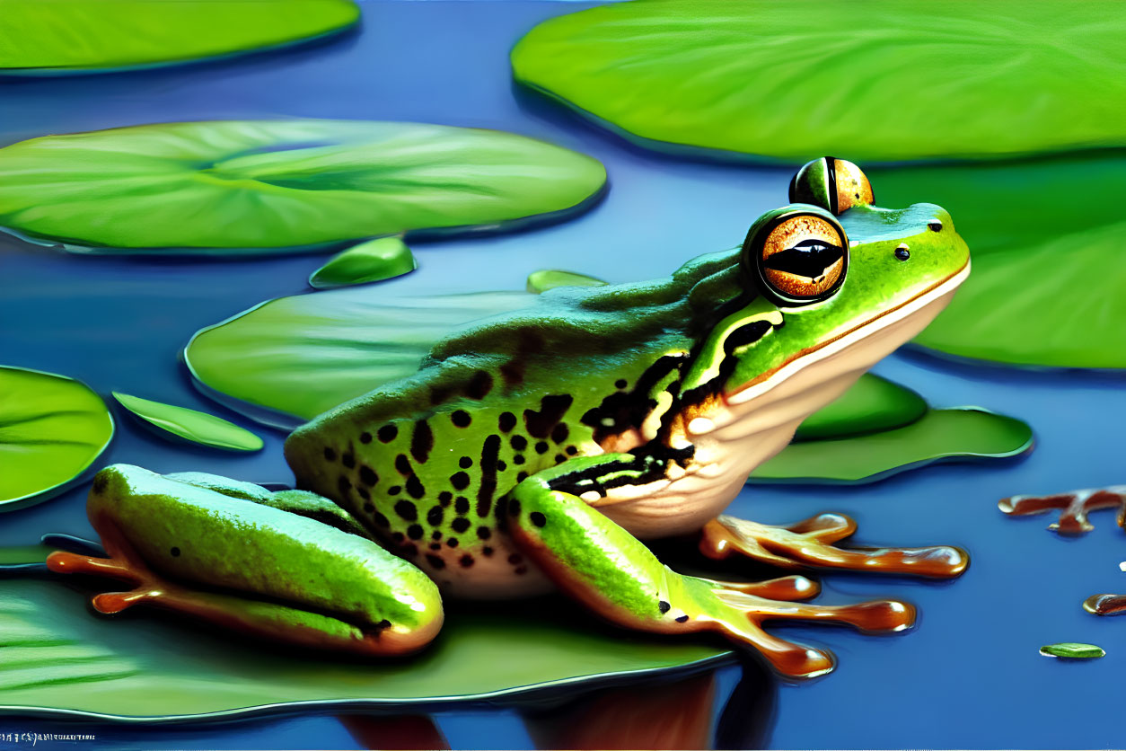 Colorful digital artwork: Green frog on lily pad in water landscape