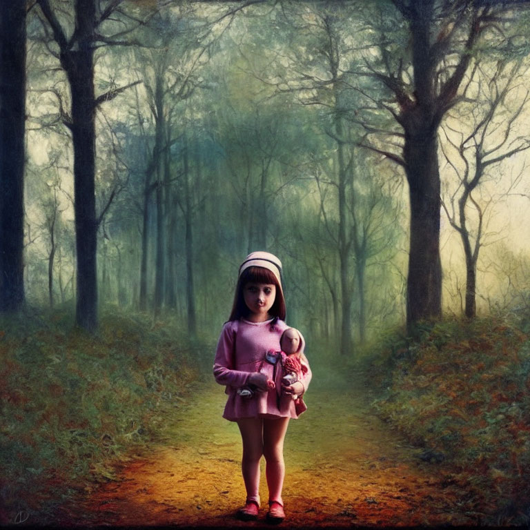 Young girl in pink holding a doll on foggy forest path