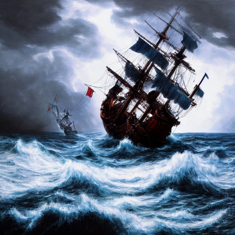 Tall ships with billowing sails on stormy ocean waves