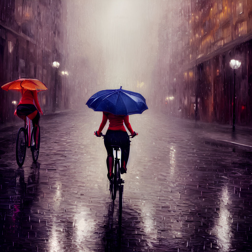 Two people with umbrellas in rainy city street scene.