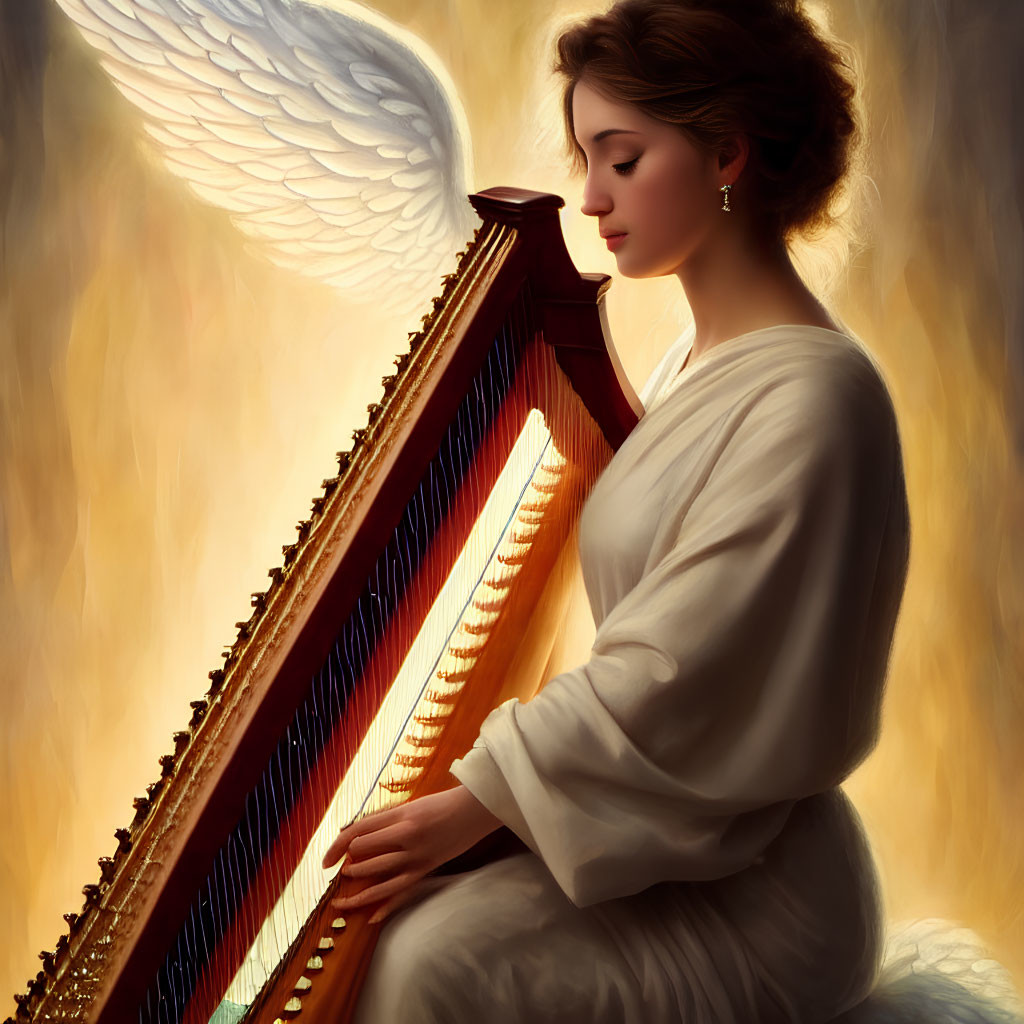 Ethereal woman with angel wings playing golden harp in warm light