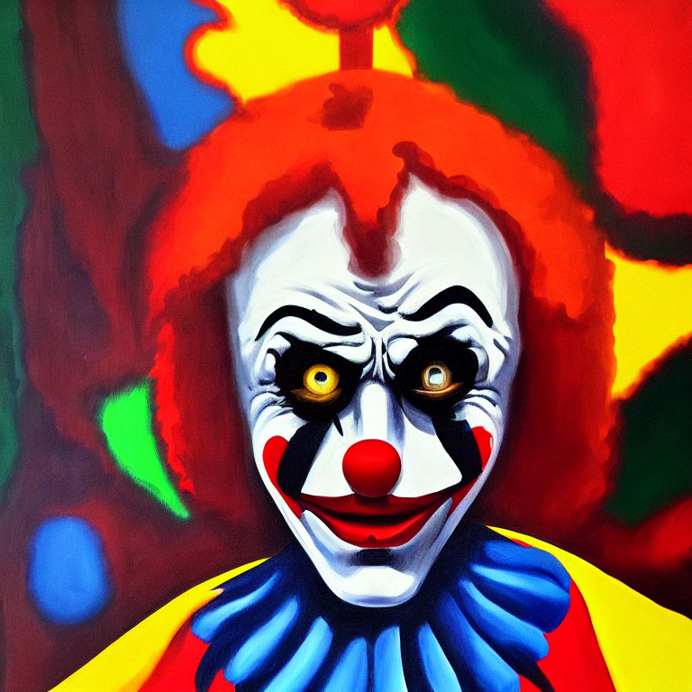 Colorful Clown Painting with Red Nose and Golden Eyes Against Abstract Background