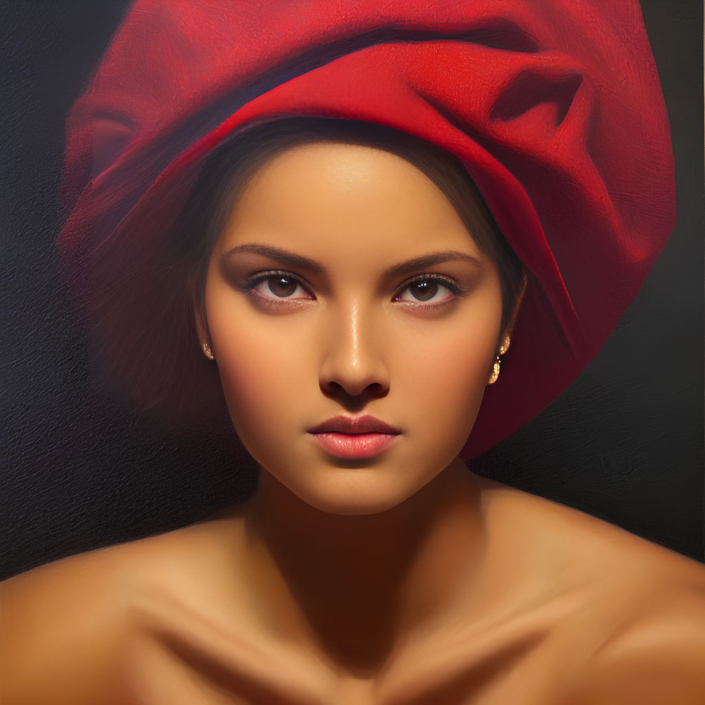 Portrait of Woman with Striking Red Hat and Dark Hair