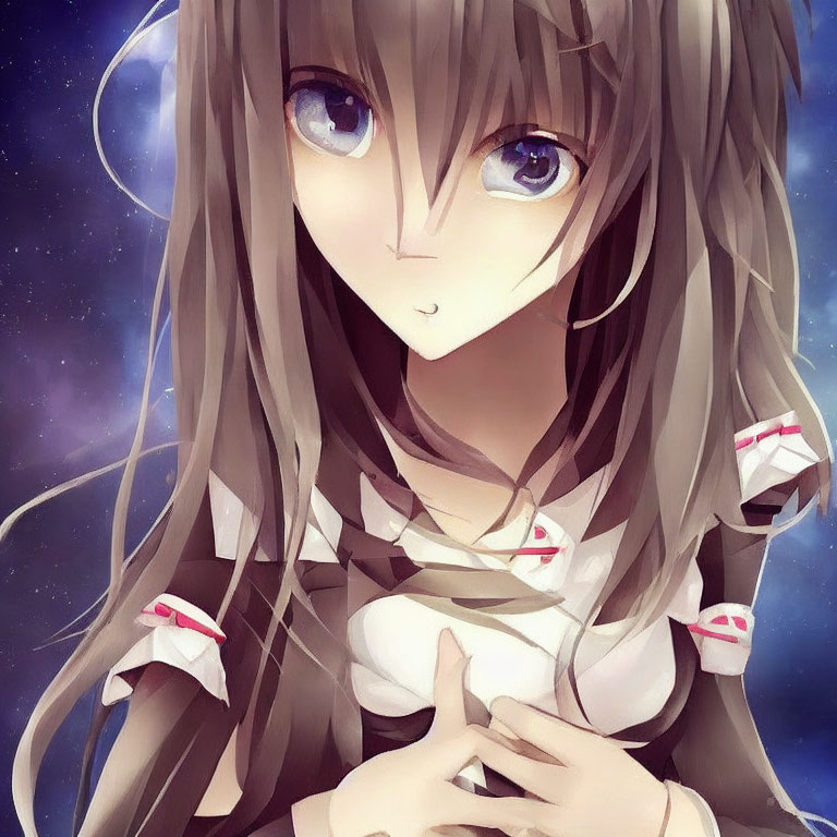 Brown-Haired Anime Girl Blue Eyes Starry Background White Red Outfit