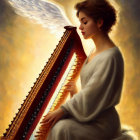 Ethereal woman with angel wings playing golden harp in warm light