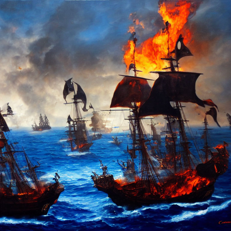 Dramatic naval battle scene with flaming ships on dark blue sea.