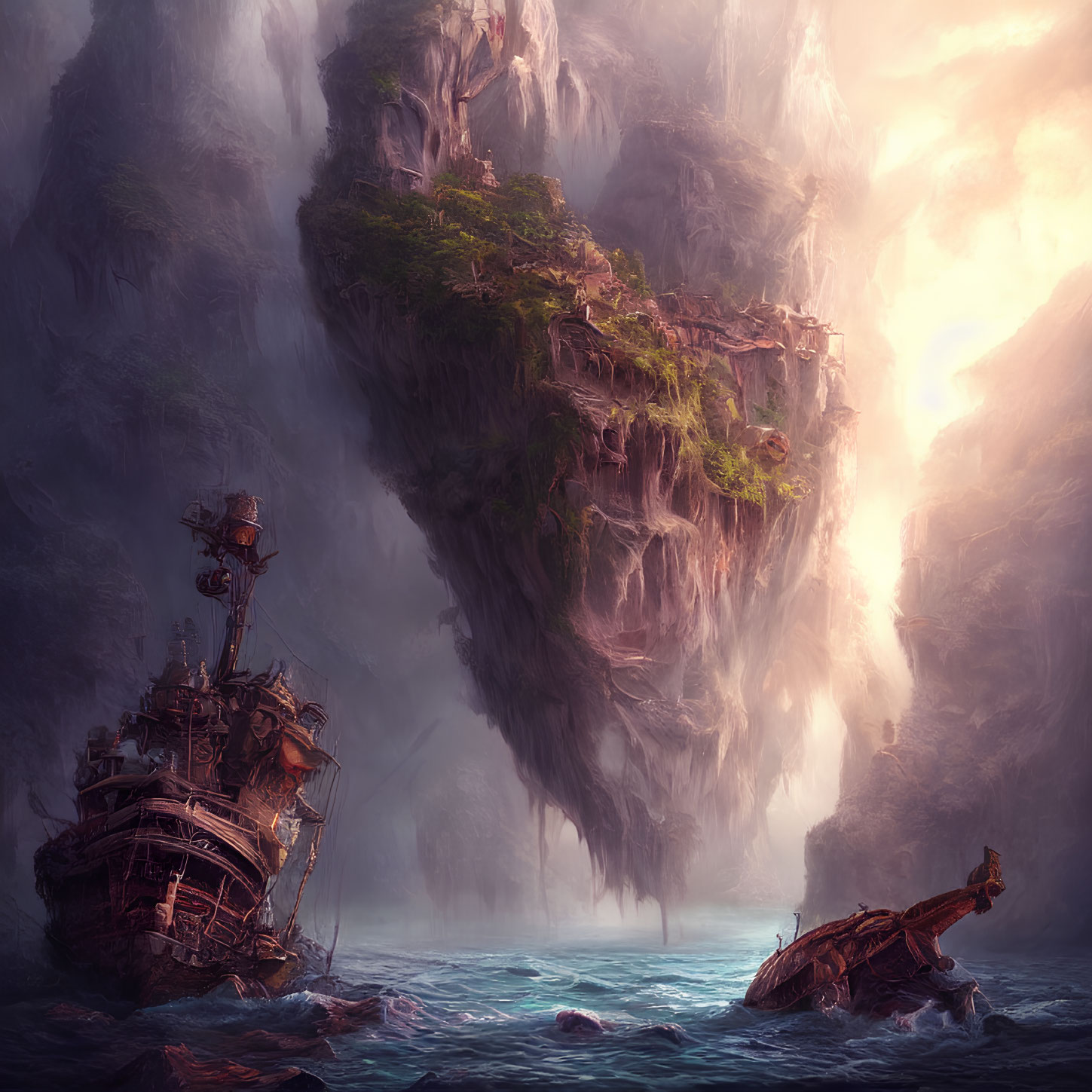 Shipwreck at base of floating islands with waterfalls in mystical foggy setting