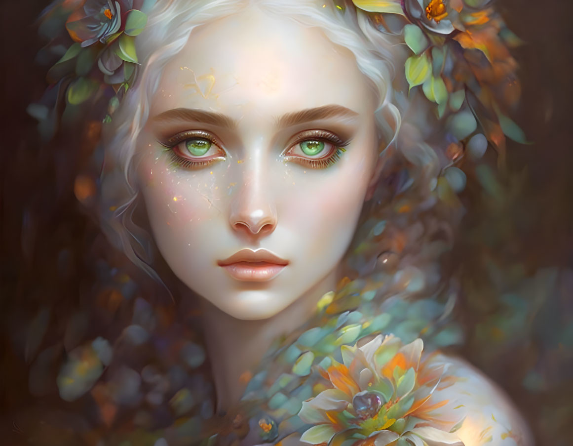 Portrait of a person with pale skin, green eyes, white hair, and adorned with orange flowers.