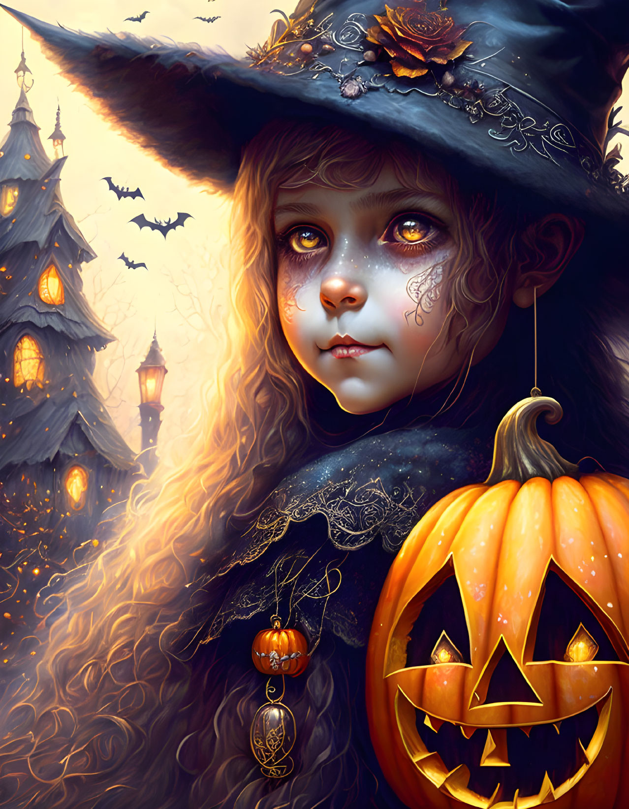 Young girl in witch costume with jack-o'-lantern & Halloween motifs: bats, haunted house,