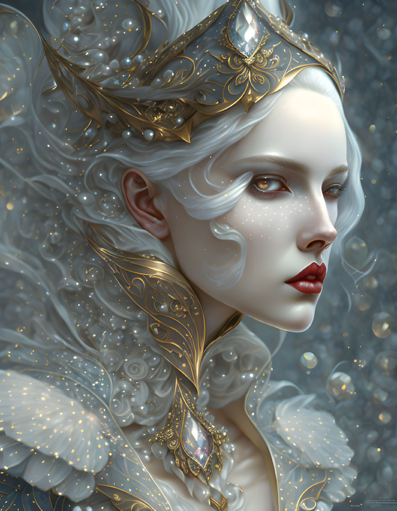 Regal character portrait with pale skin, white hair, golden headdress, and intense gaze.