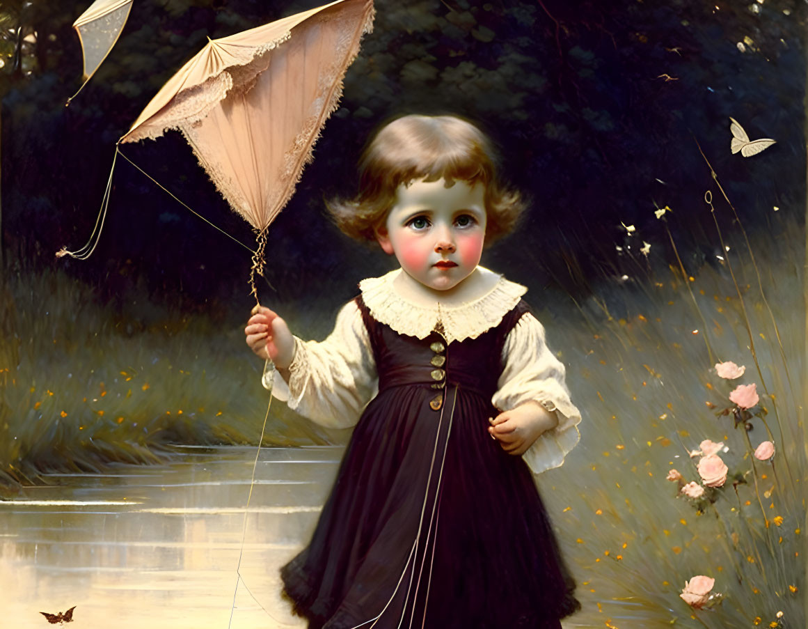 Vintage Painting: Young Child with Parasol by Pond