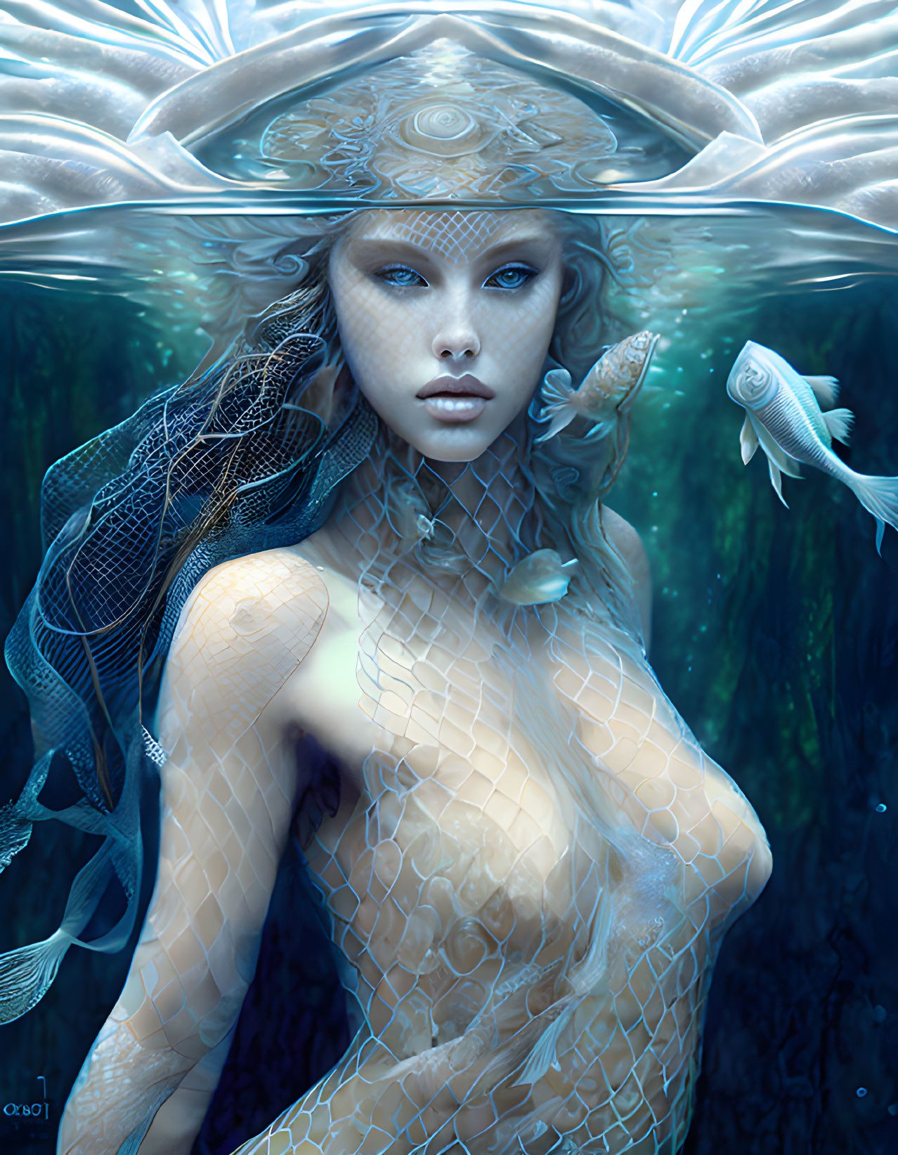 Mystical mermaid with patterned headdress swimming underwater among fish in ethereal blue glow