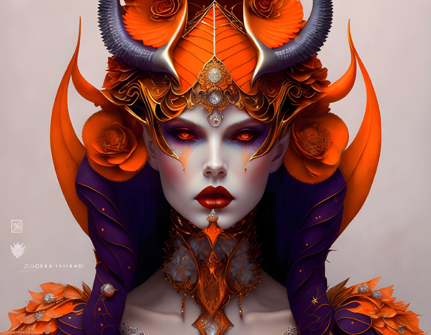 Elaborate Orange and Purple Headwear on Mystical Character