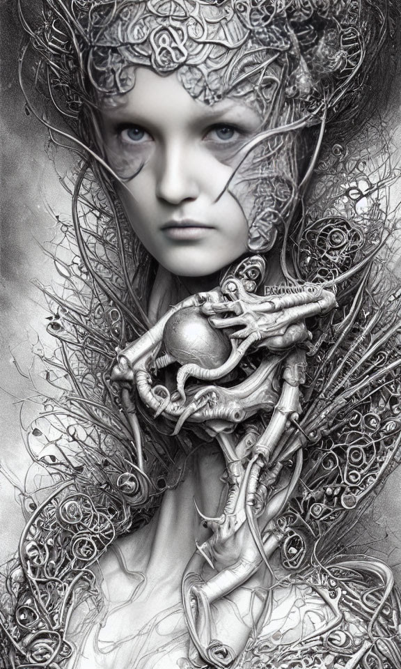 Monochromatic fantasy artwork of woman with metallic headpiece and skeletal figure