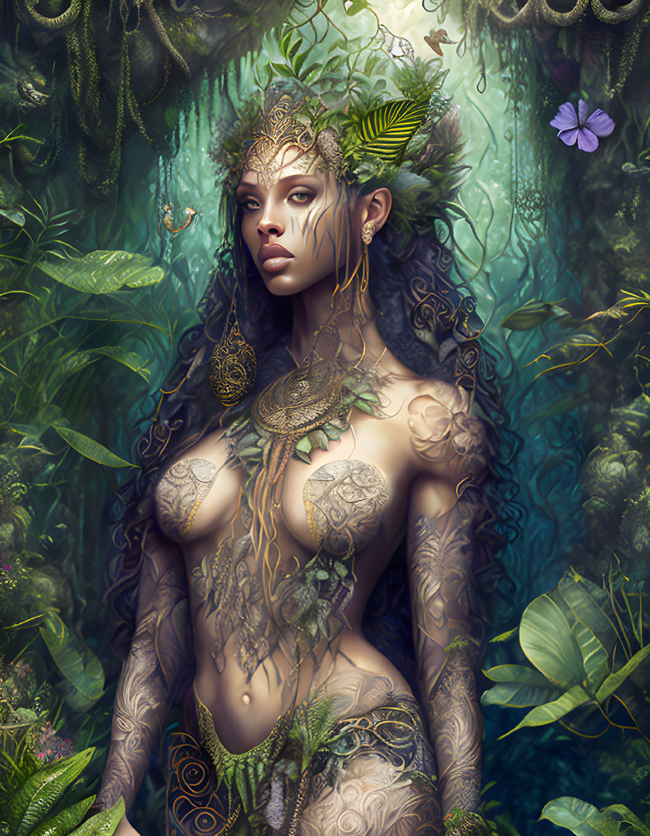 Mystical forest nymph surrounded by lush foliage and butterfly