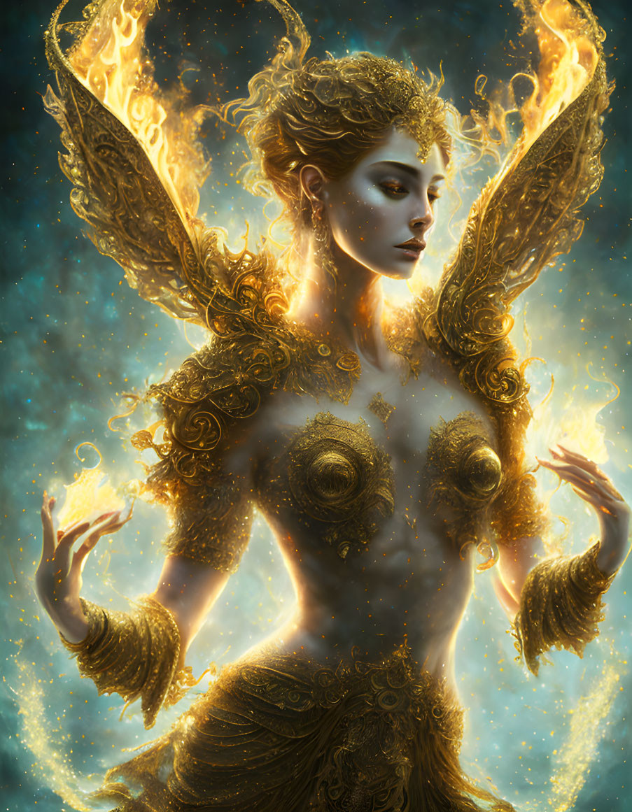 Ethereal figure with golden flames and ornate body decorations on starry background